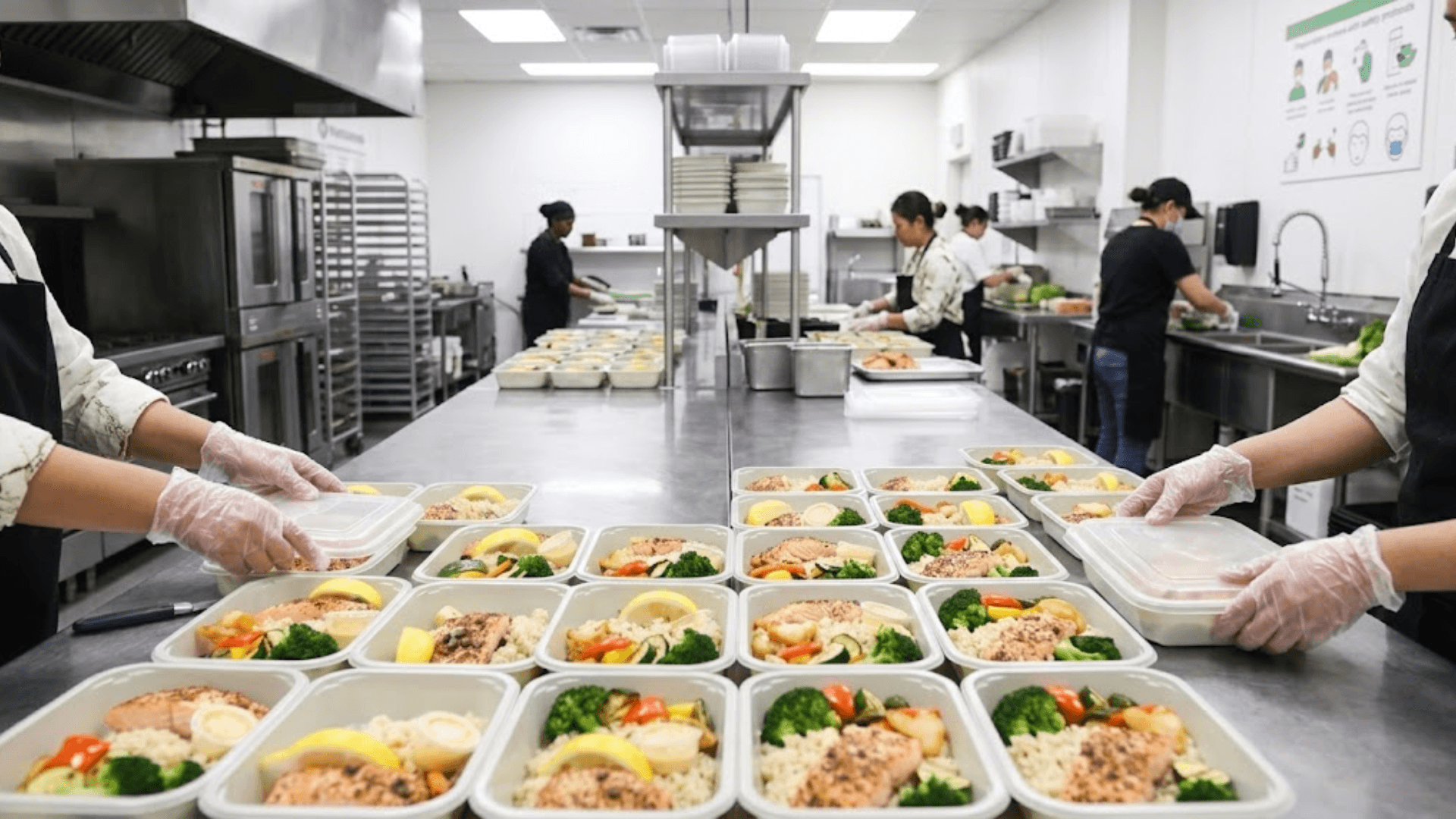 FreshMTL kitchen team preparing fresh portioned corporate catering meals in Montreal