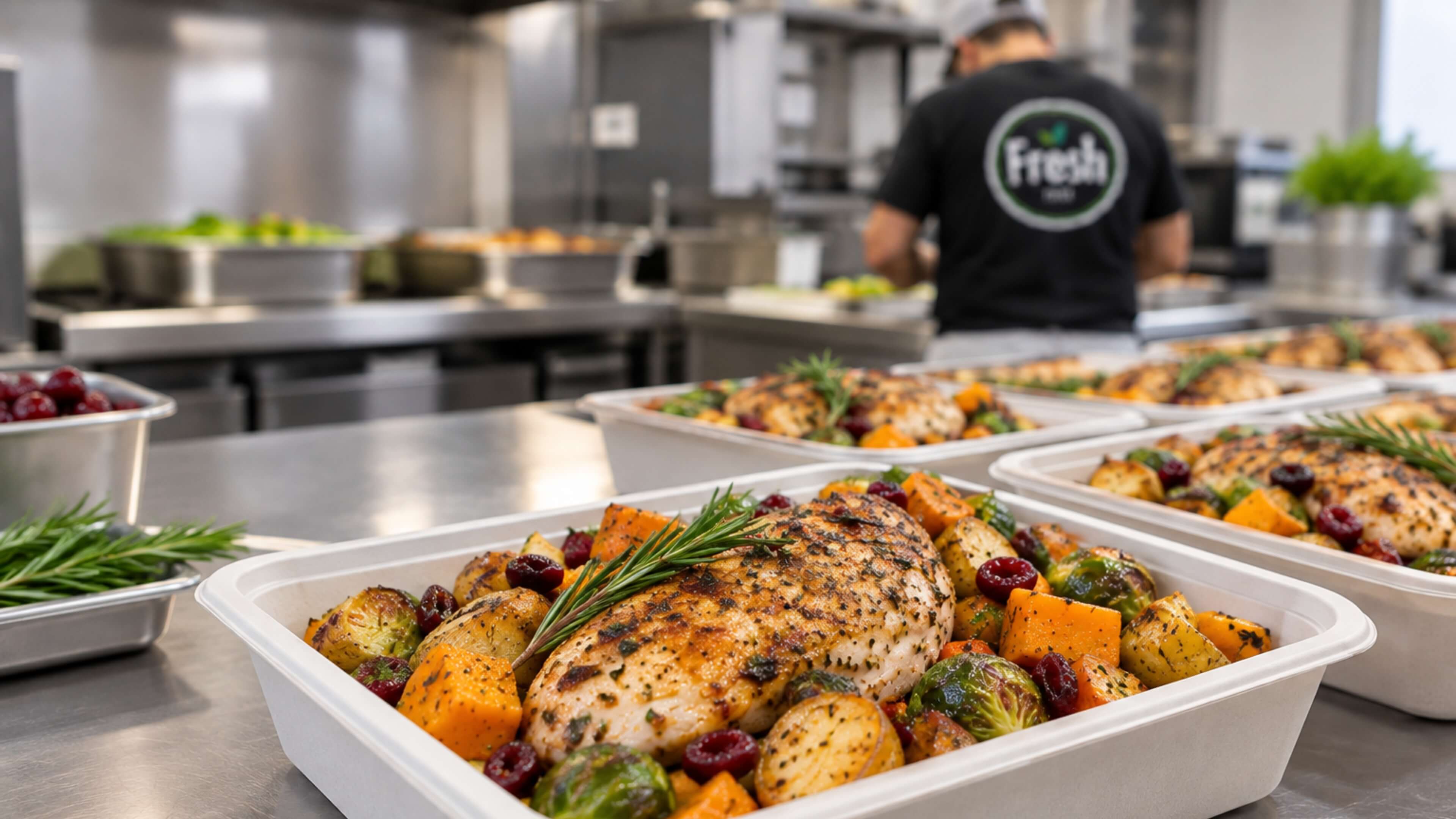 Roasted chicken with butternut squash, brussels sprouts, and cranberries in FreshMTL holiday corporate catering container