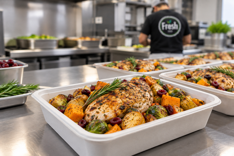 Roasted chicken with butternut squash, brussels sprouts, and cranberries in FreshMTL holiday corporate catering container